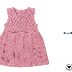 May include: A sleeveless, pink knitted dress with a textured bodice and a flared skirt. The bodice features a diamond pattern, and the skirt has vertical ribbing. The dress is labeled "Rosie Dress".