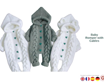 Baby Romper with Cables Knitting Pattern | Seamless Hooded Jumpsuit for 0–12 Months | Instant PDF Download