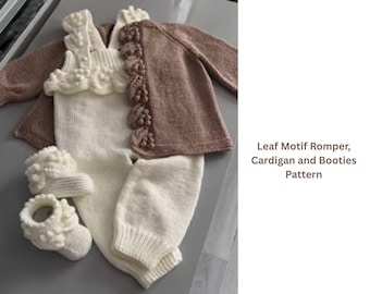Vine Leaf Baby Set Knitting Pattern • Cardigan, Booties & Romper • Leaf Stitch Baby Outfit Pattern Bundle • Knit- Romper Cardigan Booties