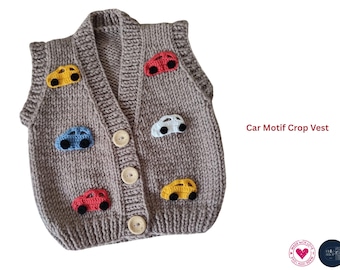 Car Motif Crop Vest – Cute Knit Baby Vest –Baby Boy Vest Cars Motif- Playful Outfit – Baby Gift- Car Play Motif Vest Jacket Pattern- Gift