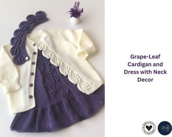 Vine Leaf Baby Knitwear Pattern Set – Cardigan, Dress & Neck Accessory | Knitting Pattern Bundle | Baby Girl Outfit PD Baby Girl Baby shower