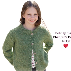 May include: A green knitted children's jacket with a round collar and button closure. The jacket is made of a textured yarn and is labeled "Belinay Classic Children's Knitted Jacket".