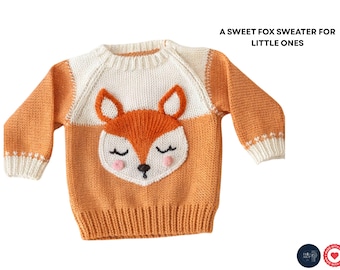 Patrón de tejido de suéter de zorro para bebé / Jersey de zorro sin costuras de arriba hacia abajo / Suéter de animal adorable para bebés de 12 a 18 meses / Cárdigan de punto fácil para bebé