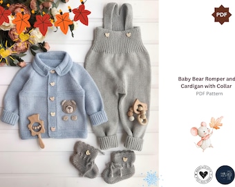 Baby Romper Cardigan and Booties Knitting Pattern Set | Baby Birthday Gift | Newborn to Baby Sizes | Seamless Knitting -Babyshower Set