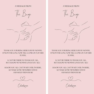 Pode incluir: Dois cartões cor-de-rosa com o texto "A Message From The Bump" e um desenho a traço de mãos sobre uma barriga grávida. Os cartões incluem uma mensagem do bebé e o logótipo Cetzdesign.
