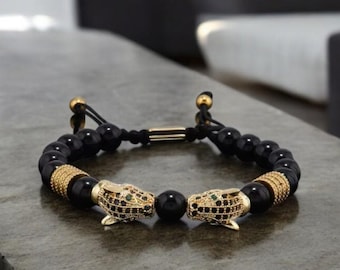 Luxury Black Stone Beads Bracelet with Leopard Head Charms – Stylish Couples Jewelry for Women & Men. Perfect for Valentine&#39;s Day Gifts.