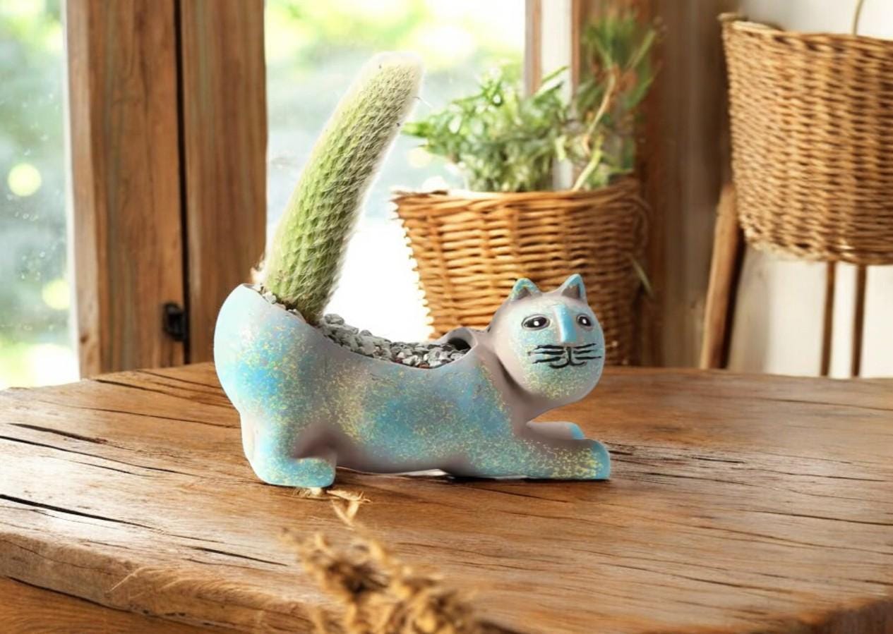 Keramische plantenbak Cute Cat – succulente pot, dierenvaas voor binnen, schattig interieur