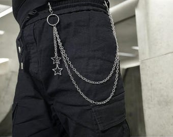 Gothic Punk Keychain Belt Chain – Moon & Skull Rivet Design, Unisex Rock Streetwear Waist Chain Edgy Goth Jewelry for Jeans and Belts.