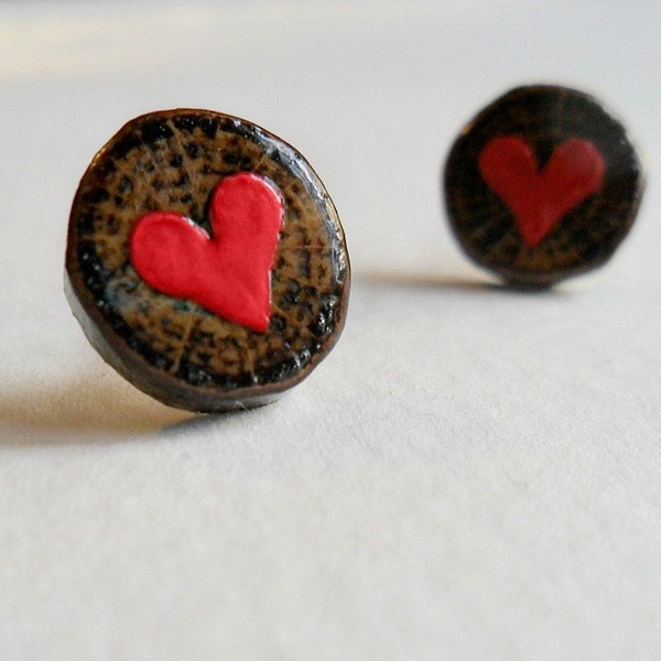 Red Hearts on Oak Wood Stud Earrings - Mother's Day - Rustic Love - Woodland Wedding - Eco Wood Jewelry