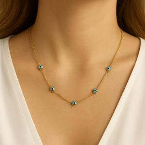 Gold Evil Eye Necklace, Dainty Blue Eye Chain, Minimalist Lucky Jewelry, Stainless Steel Necklace, Turkish Nazar Jewelry, Gift for Her