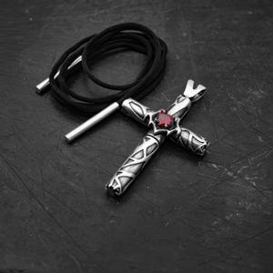 Handmade Silver Cross Pendant with Red Gemstone and Unique Functional Accent – Gothic Nature-Inspired Jewelry