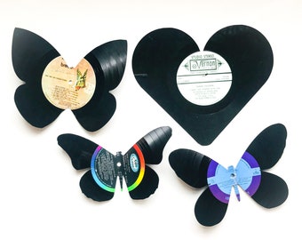 Butterflies and Heart Vinyl Record Art Bundle, Includes 3 Butterflies, 1 Heart, Music Lover, Art Installation, Nature Vibes, Bedroom Decor