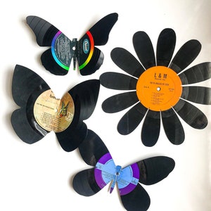 Butterfly and Flowers Vinyl Record Art Bundle, Includes 3 Butterflies, 1 Flower, Art Installation, Nature Vibes, Bedroom Decor, Music Lover