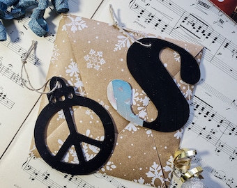 Letter Ornament and Peace Sign Ornament Set, Handmade from Vinyl Records Christmas Ornament, Vinyl Record Art, Personalized Holiday Gifts