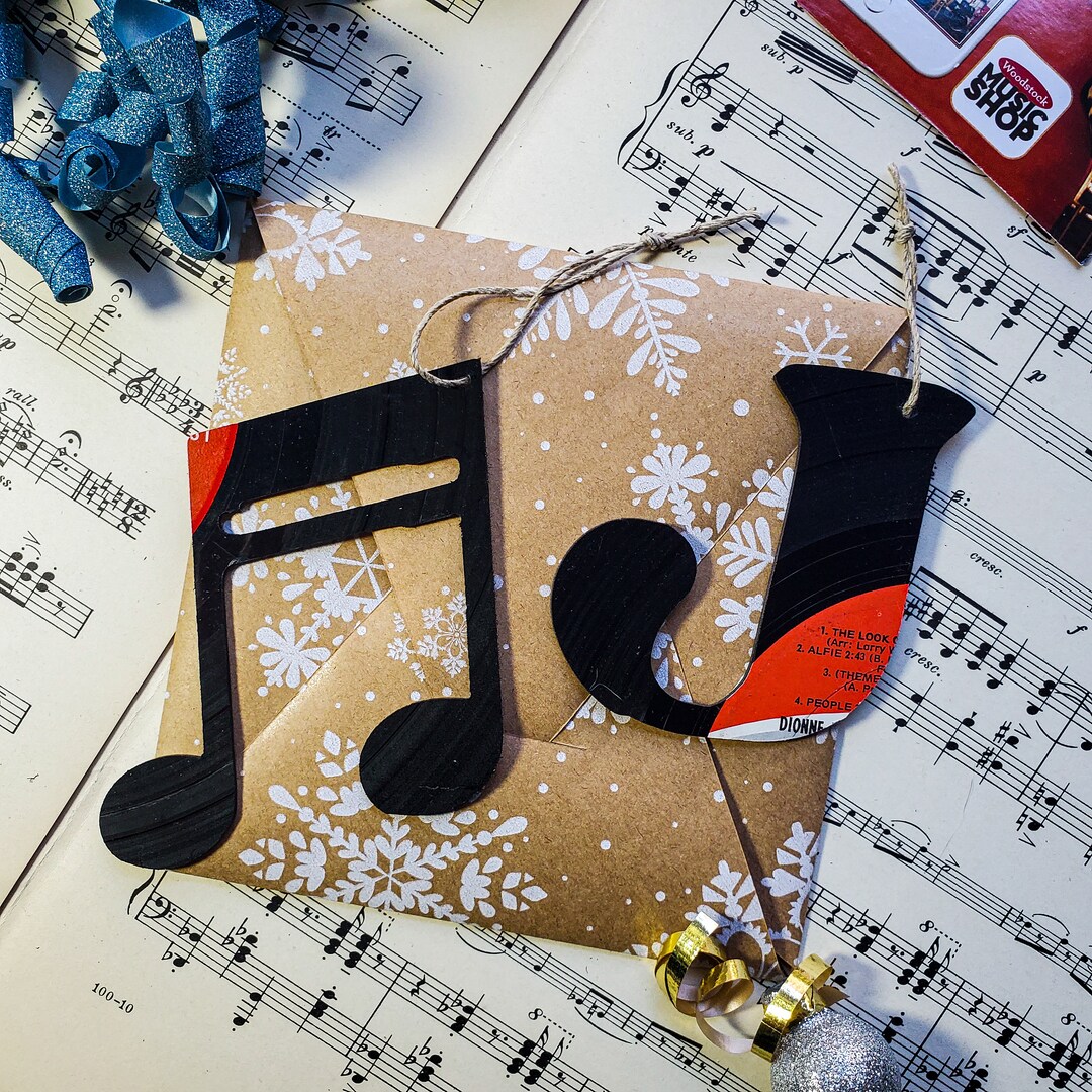 Music Note Ornament Set With Letter Ornament, Handmade From Vinyl