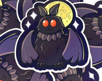 May include: A sticker featuring a cartoon moth with large orange eyes, dark fur, and purple wings. The moth is set against a night sky with a full yellow moon and white stars. The sticker has a white border.