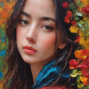 Op de afbeelding: Een schilderij van een vrouw met lang donker haar, die een blauwe en rode sjaal draagt, omringd door gele, rode en groene bloemen.