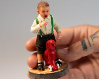1:12 Scale Miniature Doll Misha | 3D Printed Toddler Boy with Retro Red Horse
