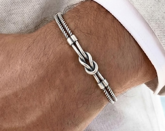 Silver Knot Bracelet Men, 925 Sterling Silver Cuff Bracelet, Italian Chain Bracelet, Minimalist Men Jewelry, Modern Bracelet Gift for Him