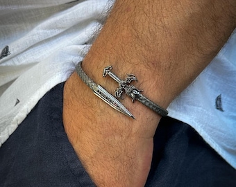 925 Sterling Silver Sword Design Cuff Bracelet with Black Zircon, Oxidized Finish, Adjustable 18–21cm, Bold Gift for Him