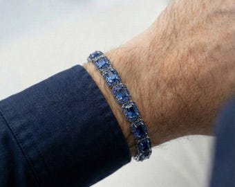 Navy Blue Baguette Zircon Men’s Tennis Bracelet, 925 Sterling Silver Navy Blue Stone Bracelet, Handmade Luxury Adjustable Men Jewelry