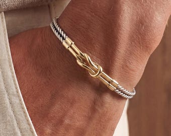 925 Sterling Silver Gold Knot Cuff Bracelet, Italian Chain Men Bracelet, Two Tone Silver Gold Bracelet, Minimalist Luxury Bracelet for Men