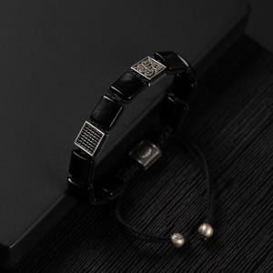 925 Sterling Silver Men&#39;s Bracelet with Agate Natural Stones and Black Zircon Accents, Handmade Elegant Jewelry for Him, Gift for Him