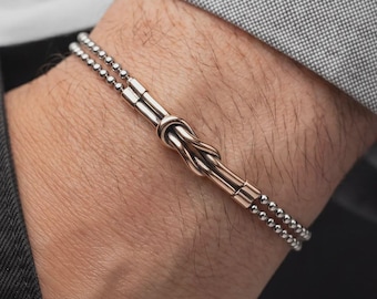 Pulsera de nudo de bronce plateado para hombre, pulsera de cadena de plata de ley 925, pulsera bicolor oxidada, joyería de estilo italiano para hombre, regalo para él.