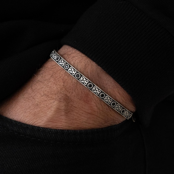 925 Sterling Silver Italian Style Men's Cuff Bracelet with Zircon Stones - Black Elegant Design, Handmade Modern Jewelry for Men