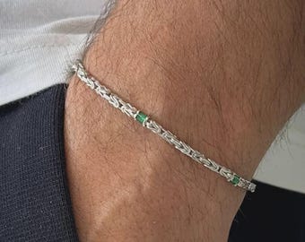 925 Sterling Silver Byzantine Chain Bracelet with Green Zircon Stones – Adjustable Men’s Jewelry, Minimalist Design, Gift for Him