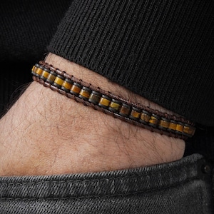 Tiger&#39;s Eye Natural Stone Men&#39;s Bracelet with Leather Details, Stylish Brown Bracelet, Gift for Him, Luxury Jewelry, Men&#39;s Gift Ideas