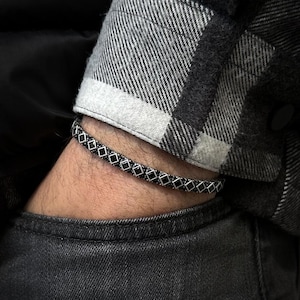 925 Sterling Silver Italian Style Men&#39;s Bracelet with Black Zircon Stones, Elegant Silver-Toned Design, Gift for Him, Adjustable Fit