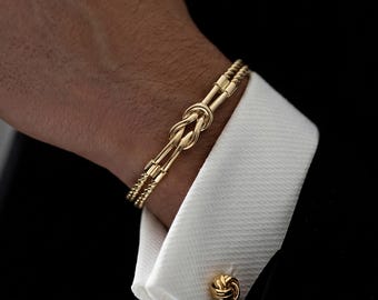 Gold Knot Bracelet Men, 925 Sterling Silver Gold Plated Bracelet, Italian Chain Cuff Bracelet, Minimalist Luxury Men Jewelry Gift for Him