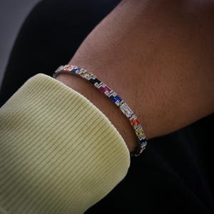 Bracelet tennis pour homme en argent sterling 925 avec zircons noirs et bleus marine, design réglable élégant, cadeau pour lui, bijoux de luxe