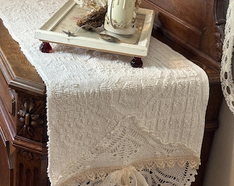 Table Runner Ivory Hobnail Chenille , Vintage Doily Ruffle, Shabby Chic Romantic Cottagecore Decor
