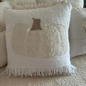 Fall Autumn Harvest Pillow with Lace Pumpkin Appliqué — Farmhouse Fall Decor, Shabby Chic, Handmade Vintage Candlewick Bedspread