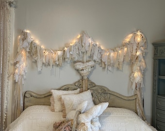 Handmade Vintage Lace Lighted Garland, Romantic Cottagecore Decor, Shabby Chic Wall Accent