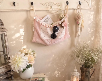 Vintage Cabbage Rose Chenille Wall Pocket Organizer, Shabby Chic Storage (Walker/iPad Holder)