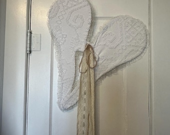 Vintage Hobnail Chenille Angel Wings, Shabby Chic Lace Decor, Nursery Wall Art