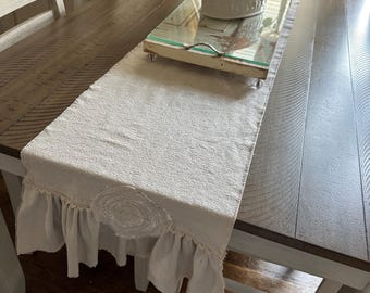 Farmhouse, rustic, shabby canvas table runner, ruffle and Rosette natural cream color super soft cotton dresser scarf cottagecore