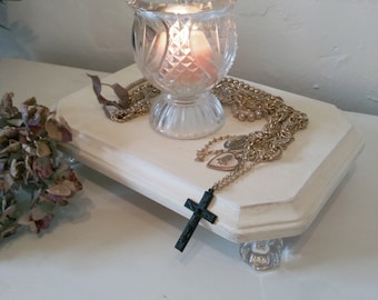 Shabby Farmhouse Glam creamy white riser wood tray crystal feet cottagecore