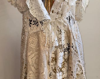 Upcycled Crochet Doily Duster Vest, Romantic Boho Shabby Chic