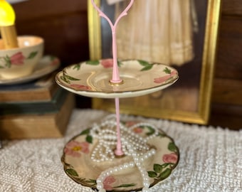 Franciscan Desert Rose Two Tier Serving Tray, Pink Handle, Jewelry Candy Dish
