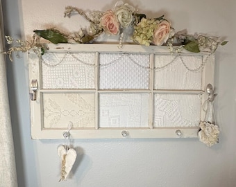 Repurposed Window Frame Wall Organizer – Hobnail Chenille, Crystal Knobs, Spoon Hooks