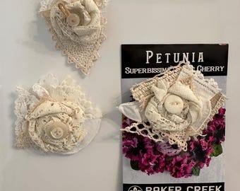 Shabby cottage tattered bits & pieces vintage lace trims refrigerator magnet romantic neutrals creams white rosette vintage button cluster