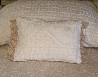 Upcycled Chenille Accent Pillow: Sears Hobnail, Vintage Crochet Ruffle