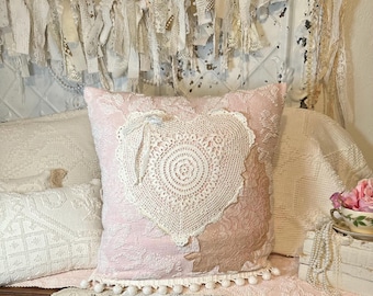 Pink Chenille Heart Doily Pillow: Vintage Lace, Cottagecore Decor (18x18)