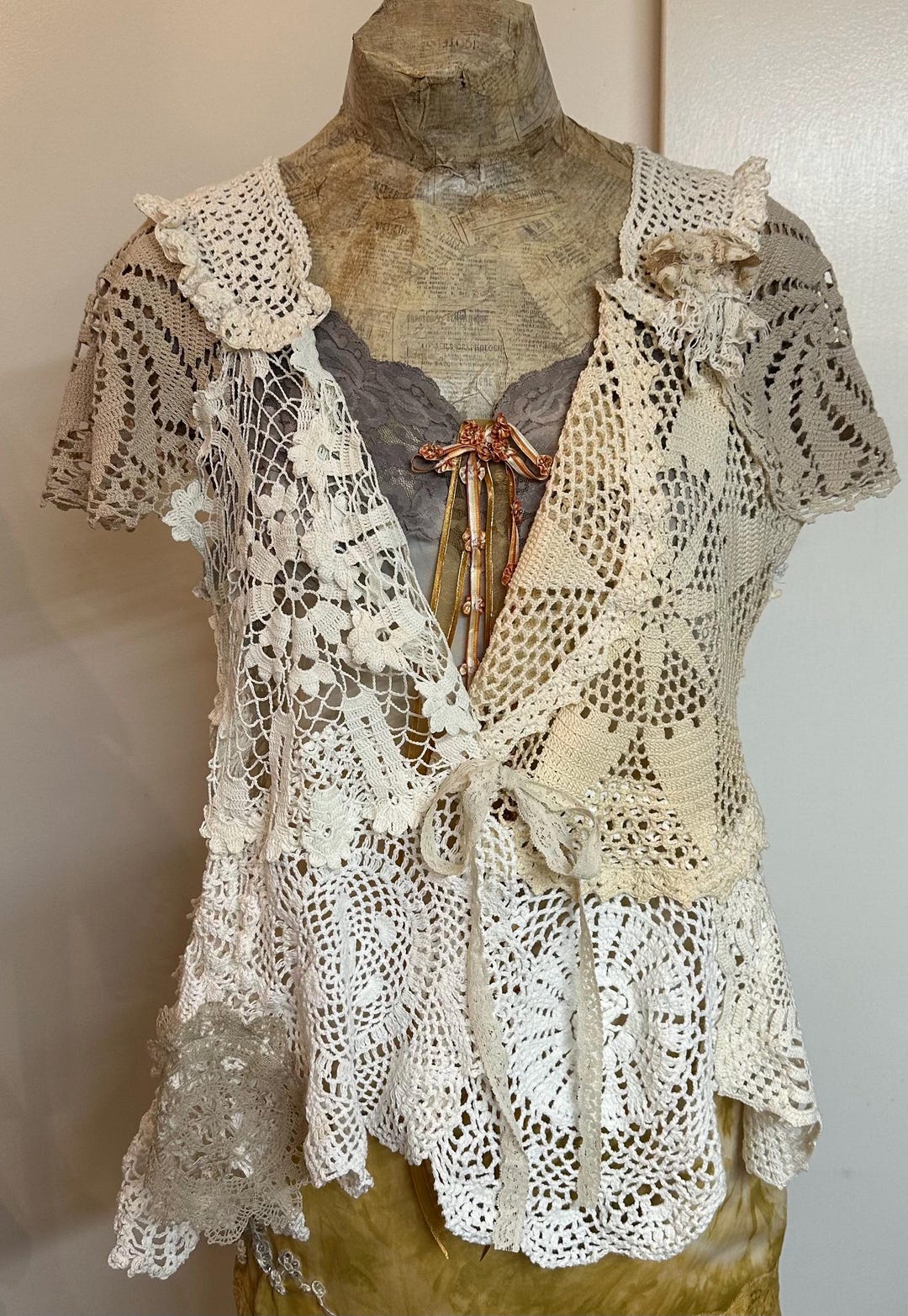 Doiley Jacket Antique Crochet Doily Vest, Handmade Shabby Chic Boho Jacket, Textile ...