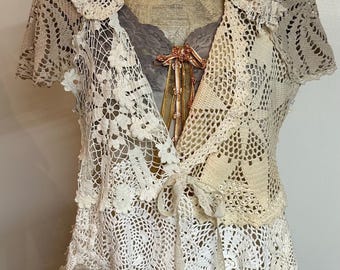 Antique Crochet Doily Vest, Handmade Shabby Chic Boho Jacket, Textile Art