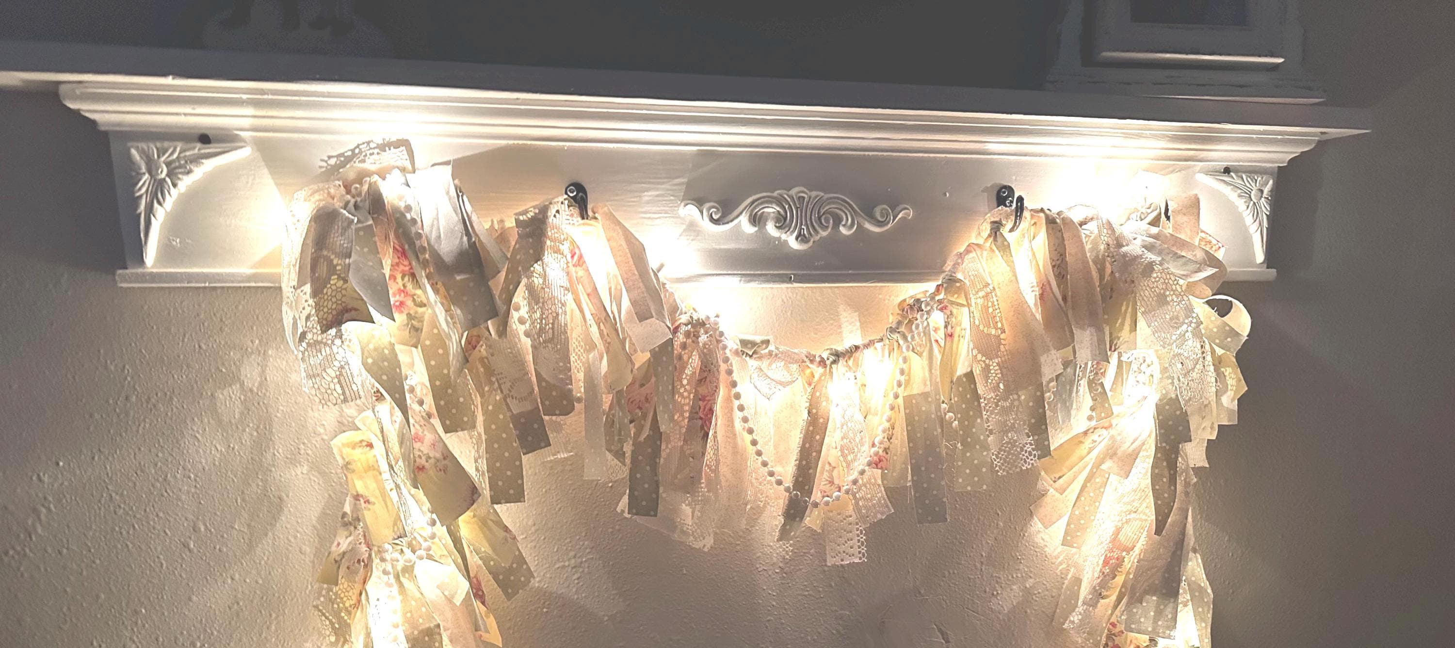 Romantic French Lighted Fabric Garland Jeanne d' Arc Shabby Cottage style rhinestones pearls Crinkle Ribbon white ivory lace cottagecore